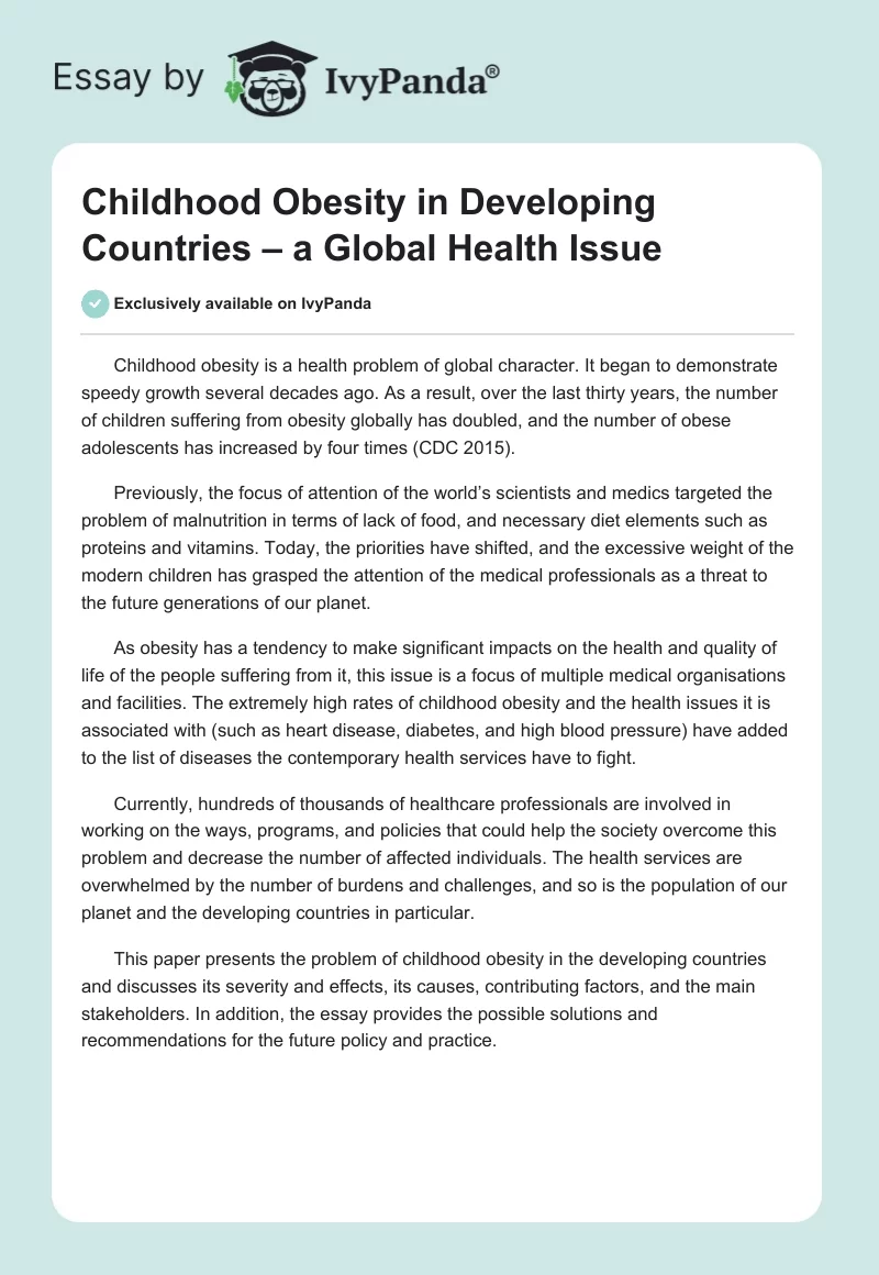 Childhood Obesity in Developing Countries – A Global Health Issue. Page 1