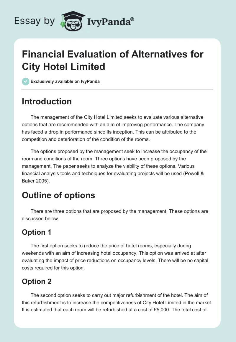 Financial Evaluation of Alternatives for City Hotel Limited. Page 1
