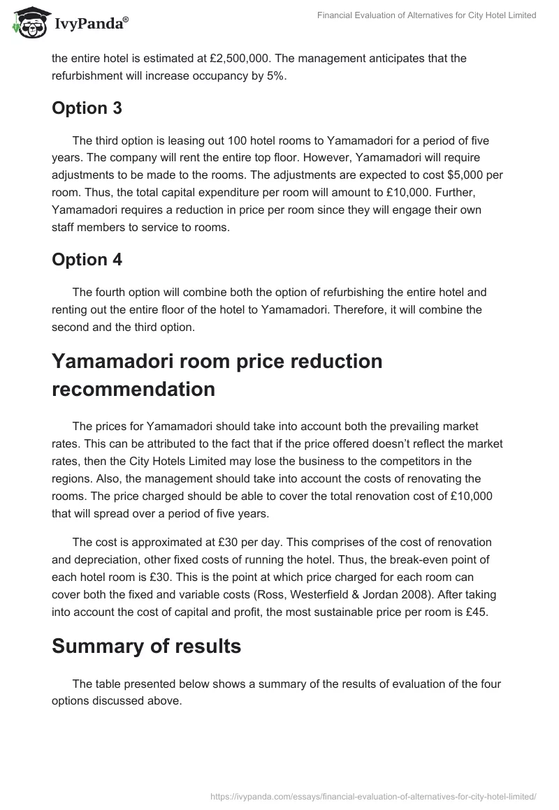 Financial Evaluation of Alternatives for City Hotel Limited. Page 2