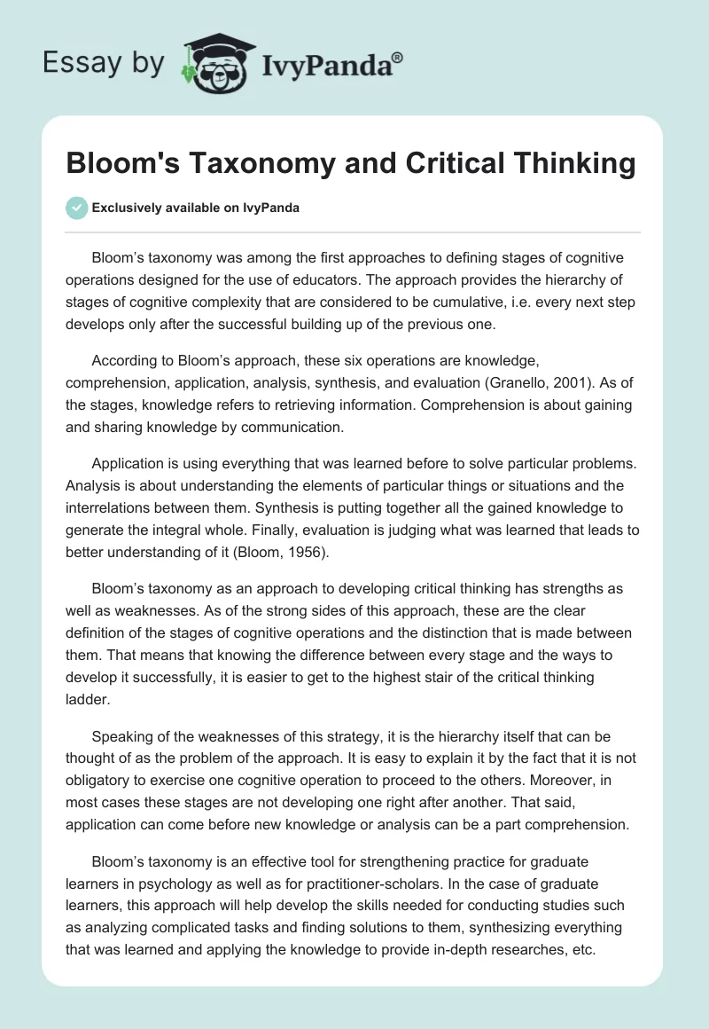 Bloom's Taxonomy and Critical Thinking. Page 1