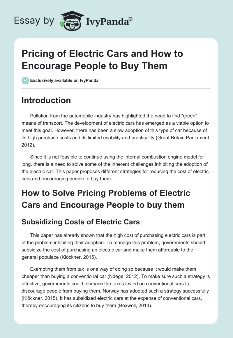 Pricing of Electric Cars and How to Encourage People to Buy Them. Page 1