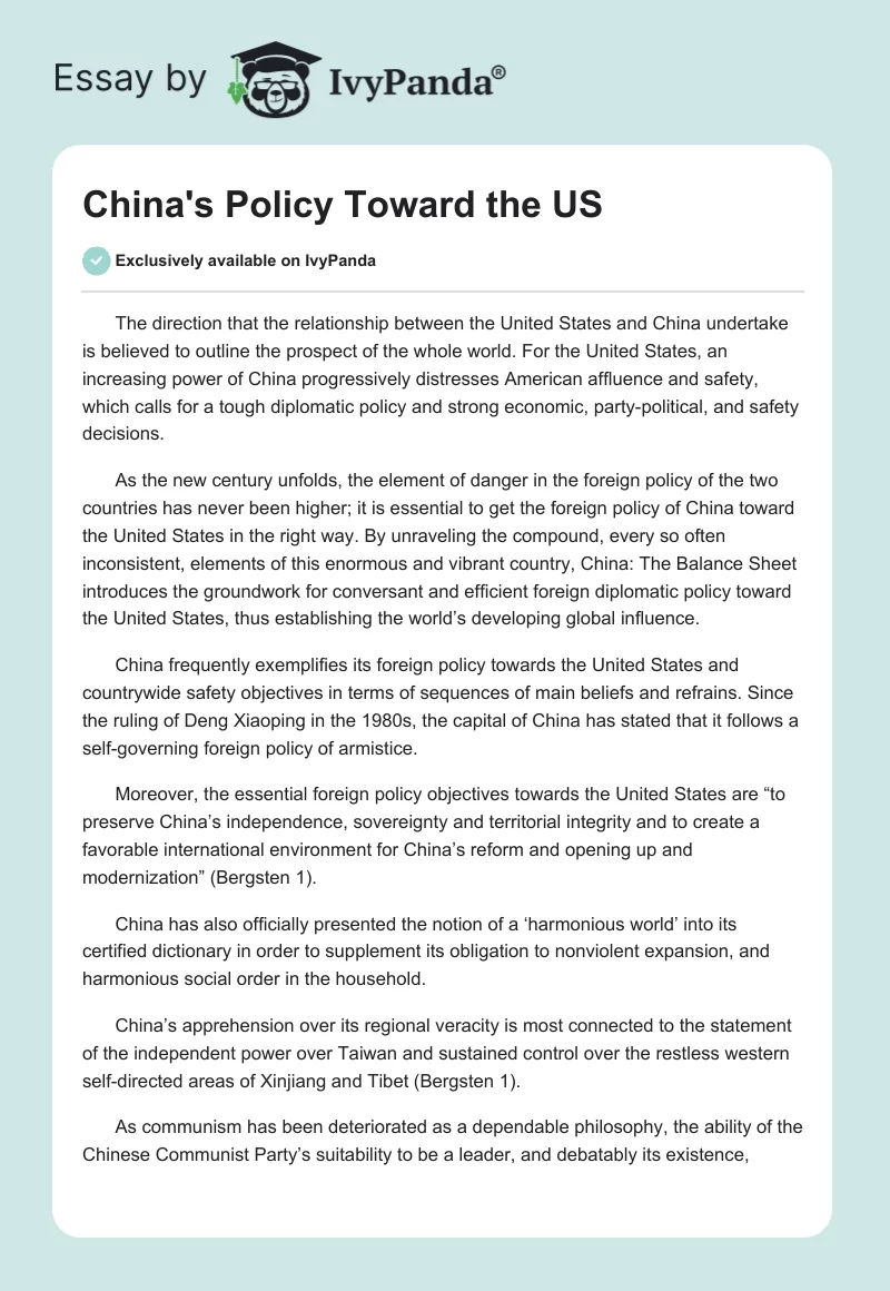 China's Policy Toward the US. Page 1