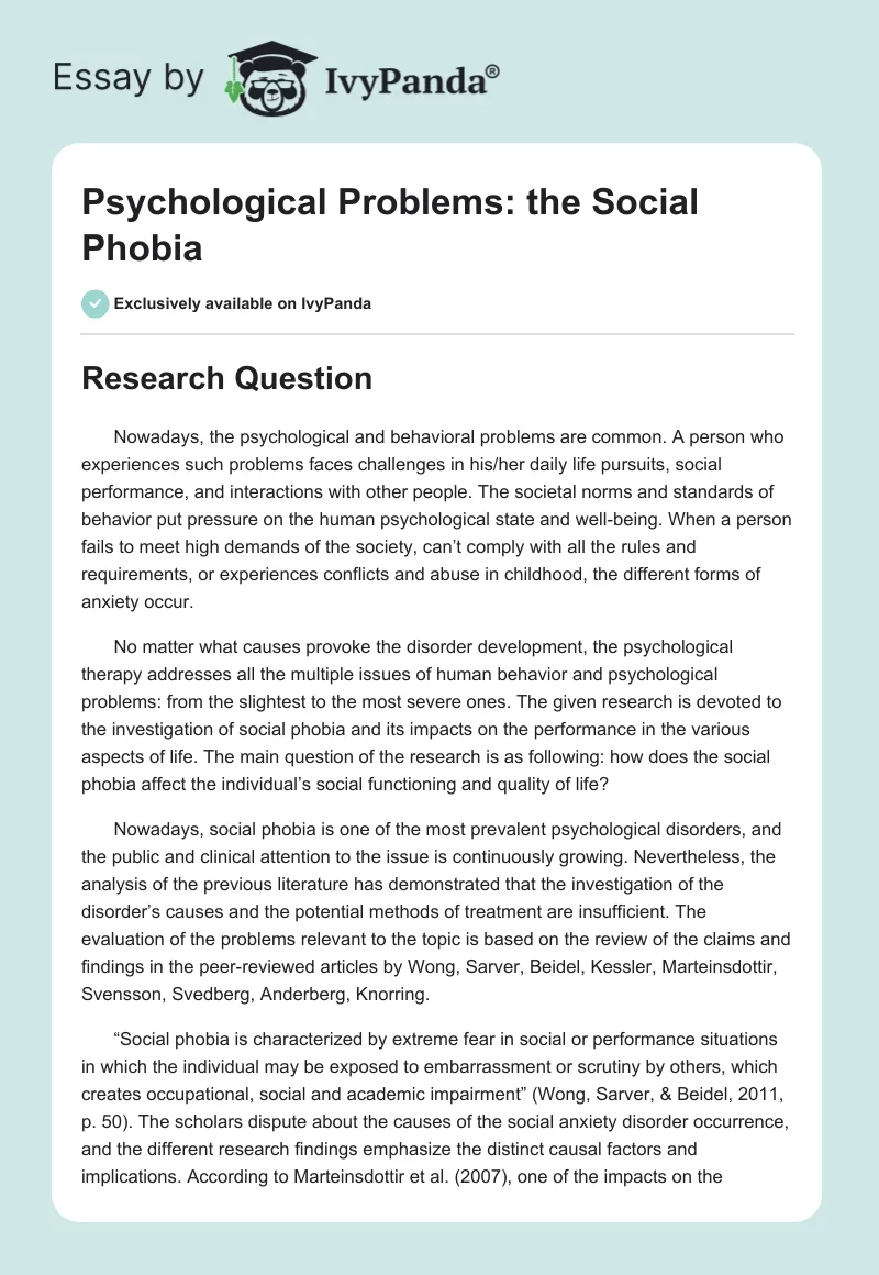 Psychological Problems: The Social Phobia. Page 1