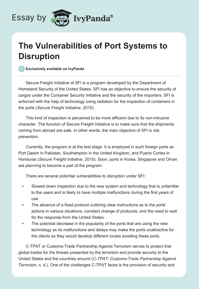 The Vulnerabilities of Port Systems to Disruption. Page 1