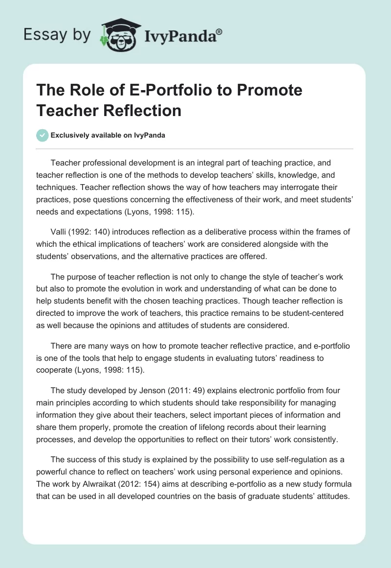The Role of E-Portfolio to Promote Teacher Reflection. Page 1