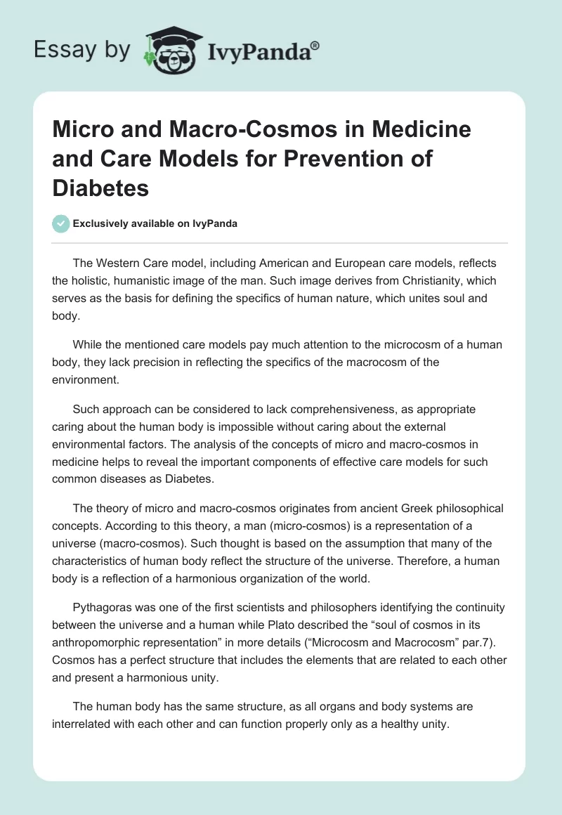 Micro and Macro-Cosmos in Medicine and Care Models for Prevention of Diabetes. Page 1