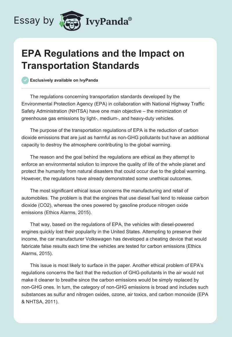 EPA Regulations and the Impact on Transportation Standards. Page 1
