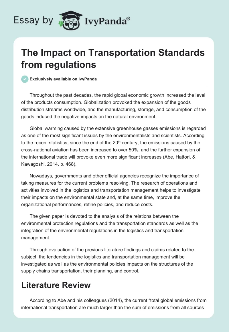 The Impact on Transportation Standards from regulations. Page 1