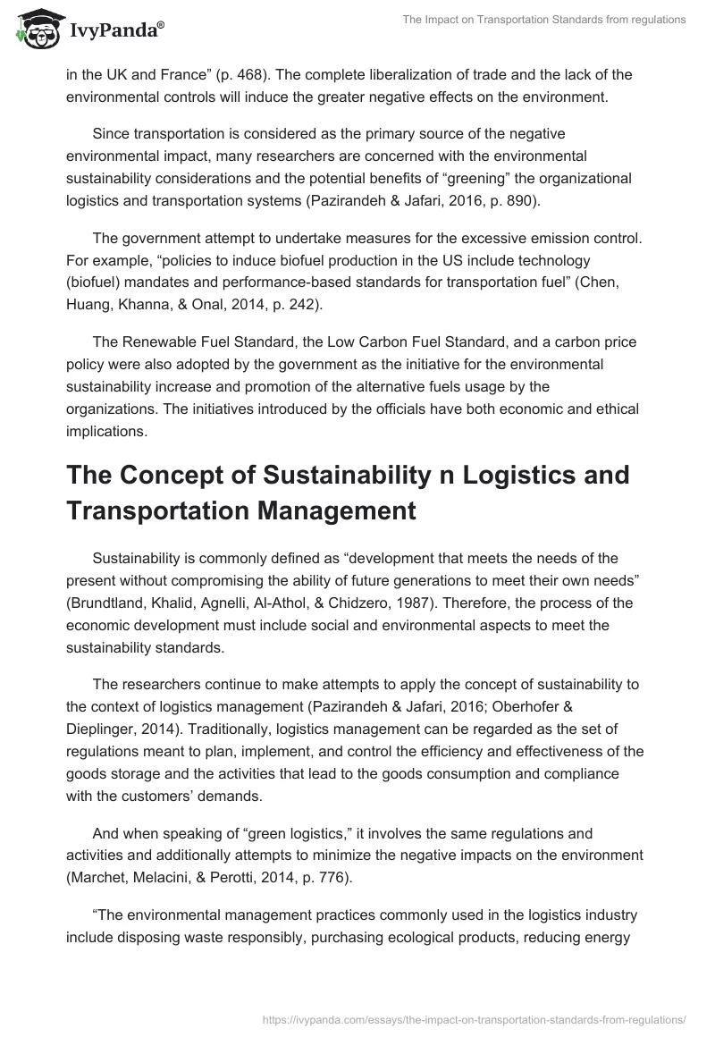 The Impact on Transportation Standards from regulations. Page 2