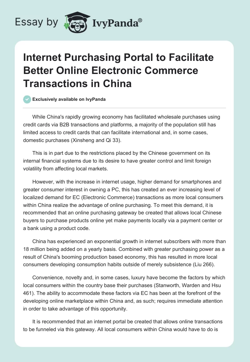 Internet Purchasing Portal to Facilitate Better Online Electronic Commerce Transactions in China. Page 1