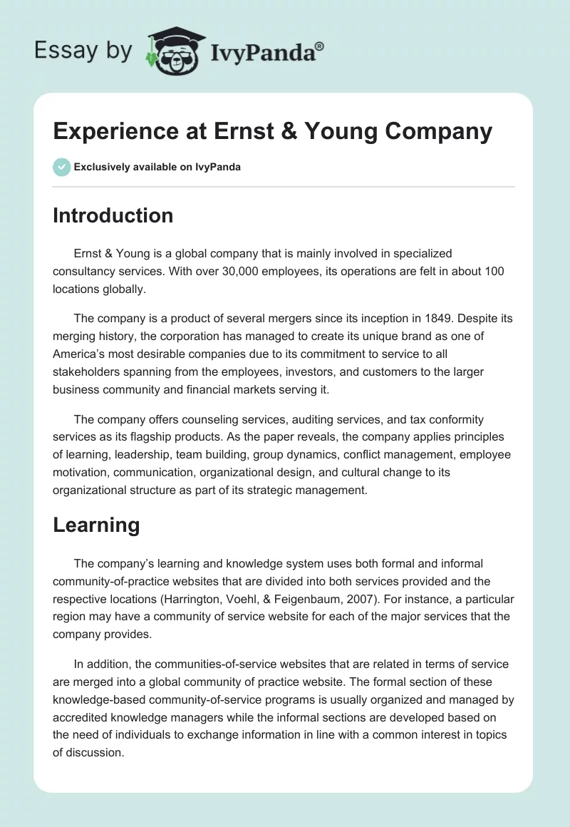 Experience at Ernst & Young Company. Page 1