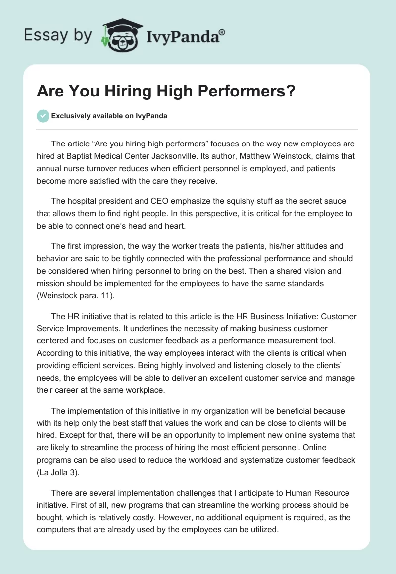 "Are You Hiring High Performers?". Page 1