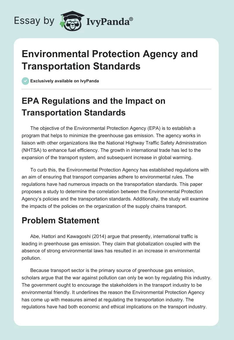 Environmental Protection Agency and Transportation Standards. Page 1