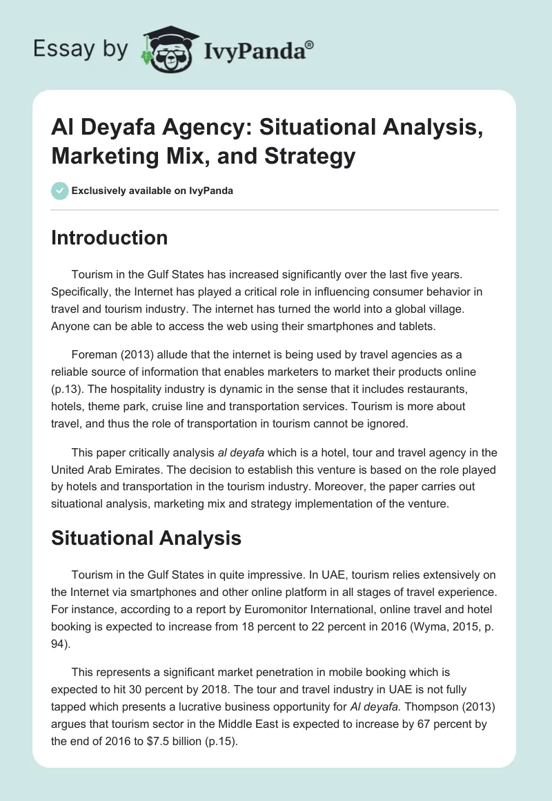 Al Deyafa Agency: Situational Analysis, Marketing Mix, and Strategy. Page 1