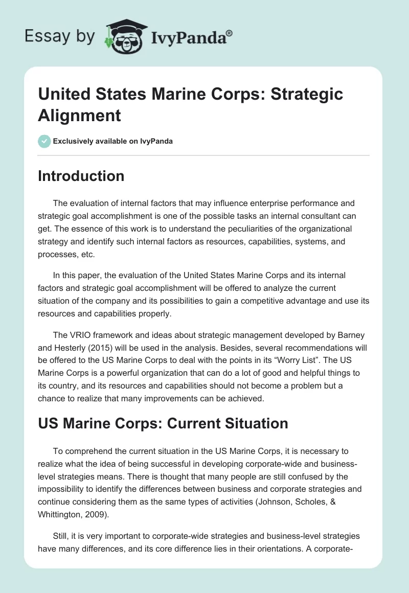 United States Marine Corps: Strategic Alignment. Page 1