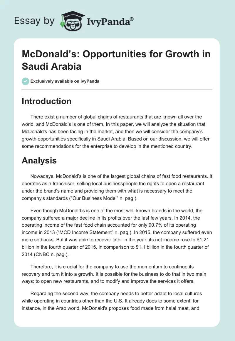 McDonald’s: Opportunities for Growth in Saudi Arabia. Page 1