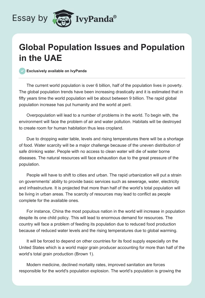Global Population Issues and Population in the UAE. Page 1