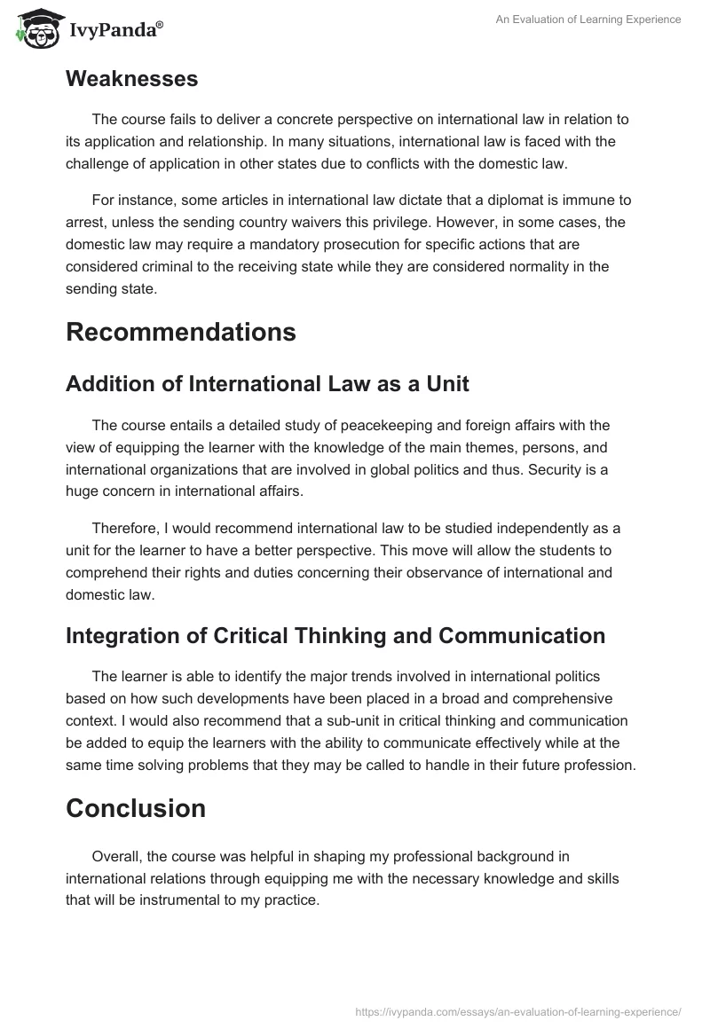 An Evaluation of Learning Experience. Page 3