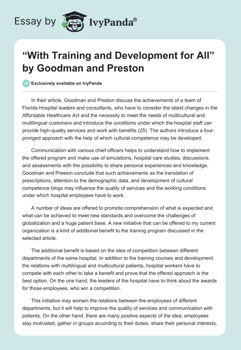 “With Training and Development for All” by Goodman and Preston. Page 1