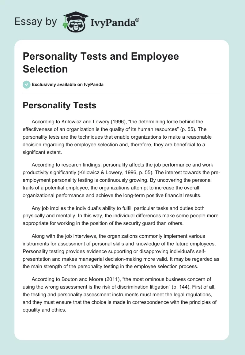 Personality Tests and Employee Selection. Page 1