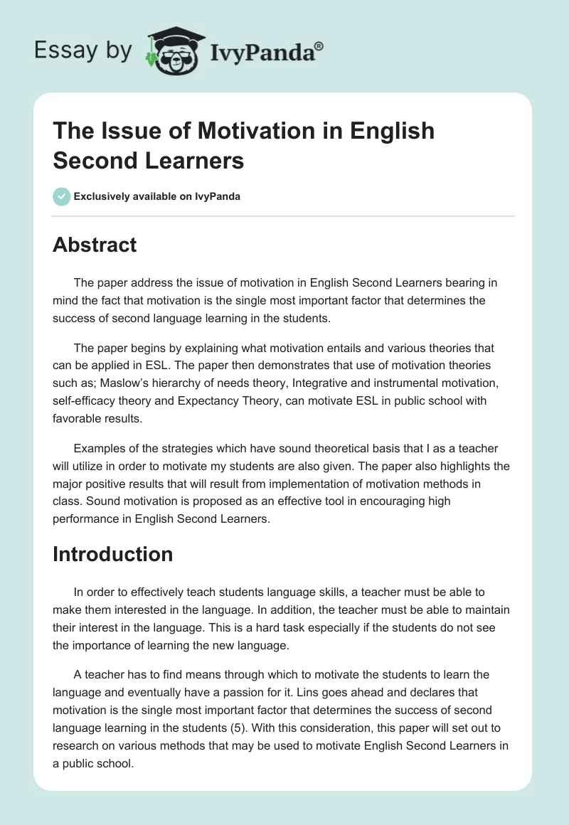 The Issue of Motivation in English Second Learners . Page 1