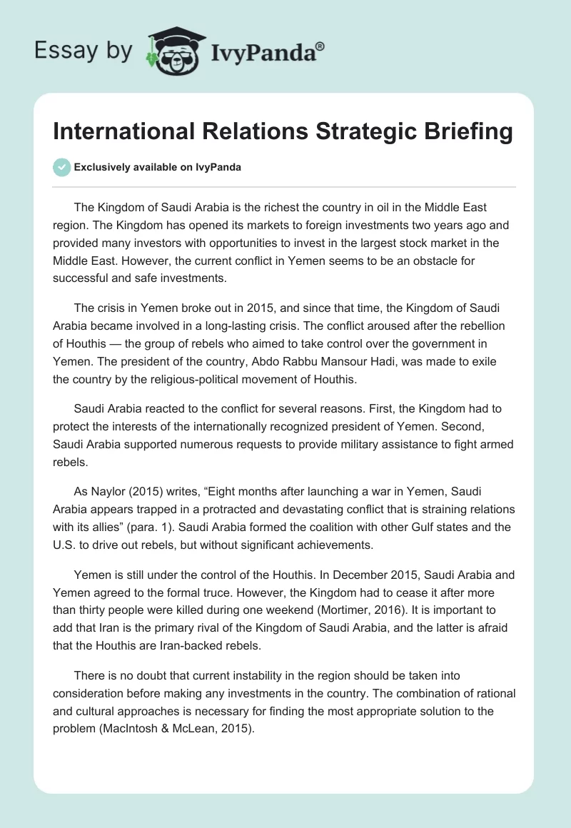 International Relations Strategic Briefing. Page 1
