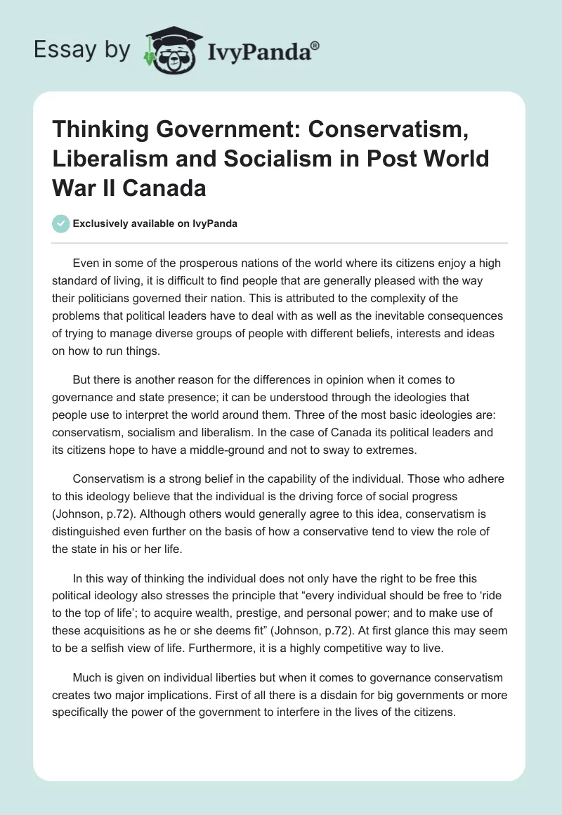 Thinking Government: Conservatism, Liberalism and Socialism in Post World War II Canada. Page 1