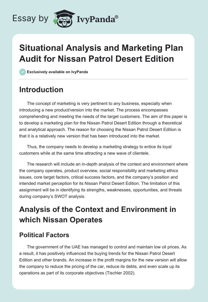 Situational Analysis and Marketing Plan Audit for Nissan Patrol Desert Edition. Page 1