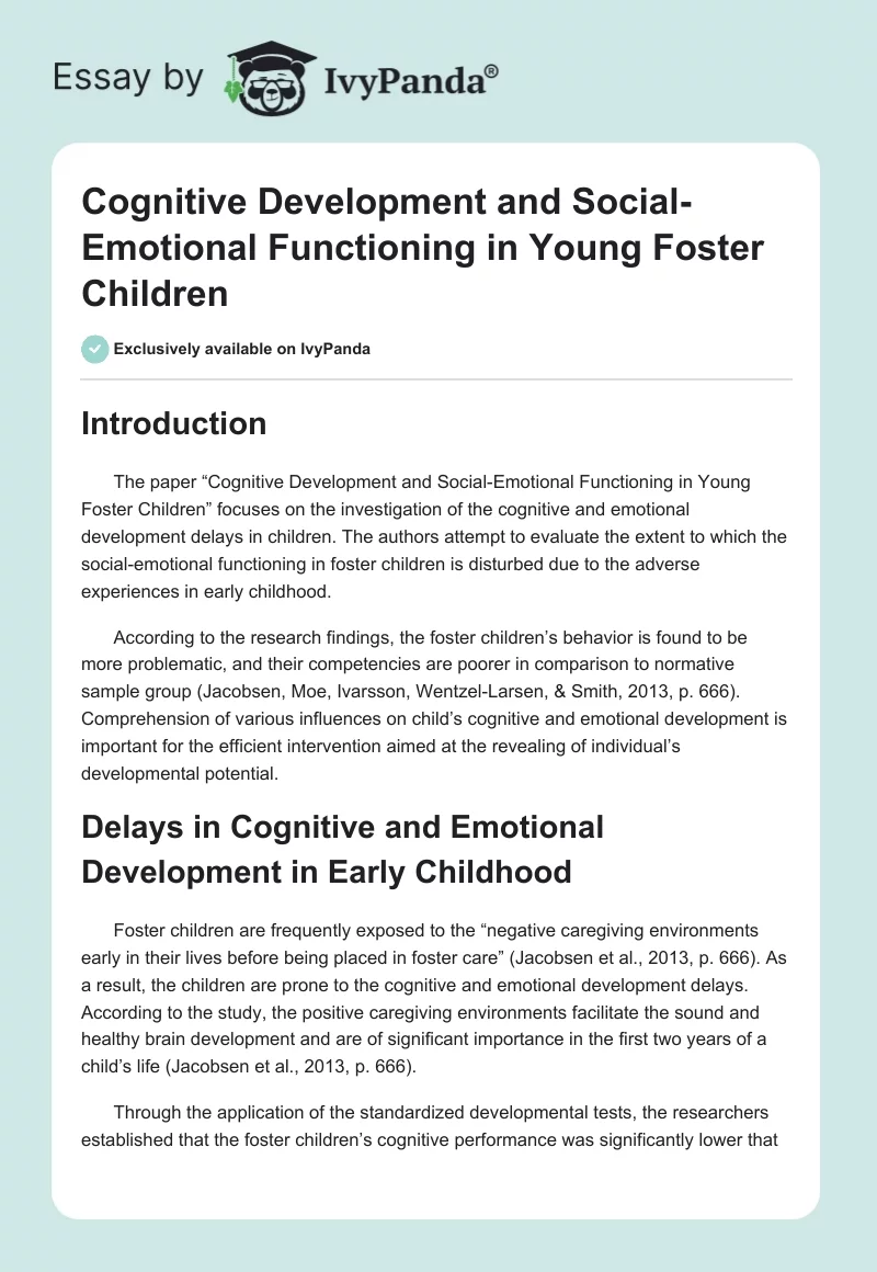 Cognitive Development and Social-Emotional Functioning in Young Foster Children. Page 1