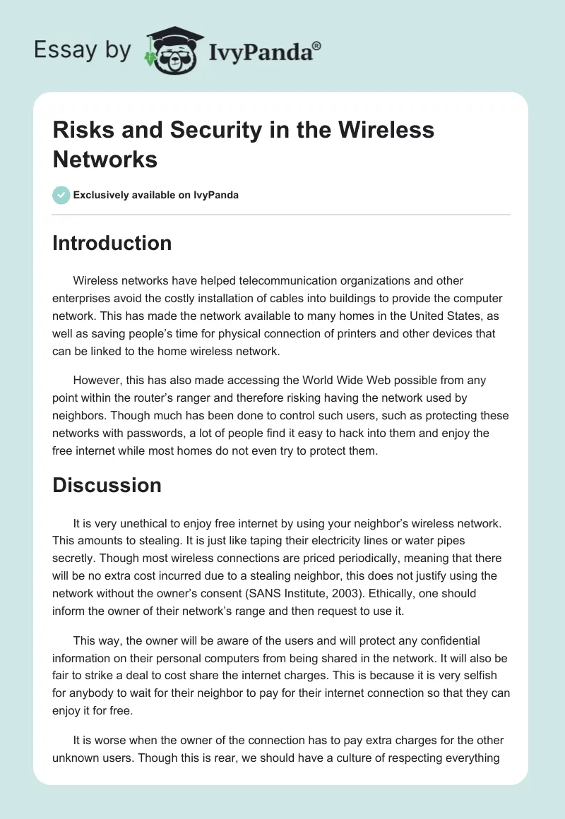 Risks and Security in the Wireless Networks. Page 1