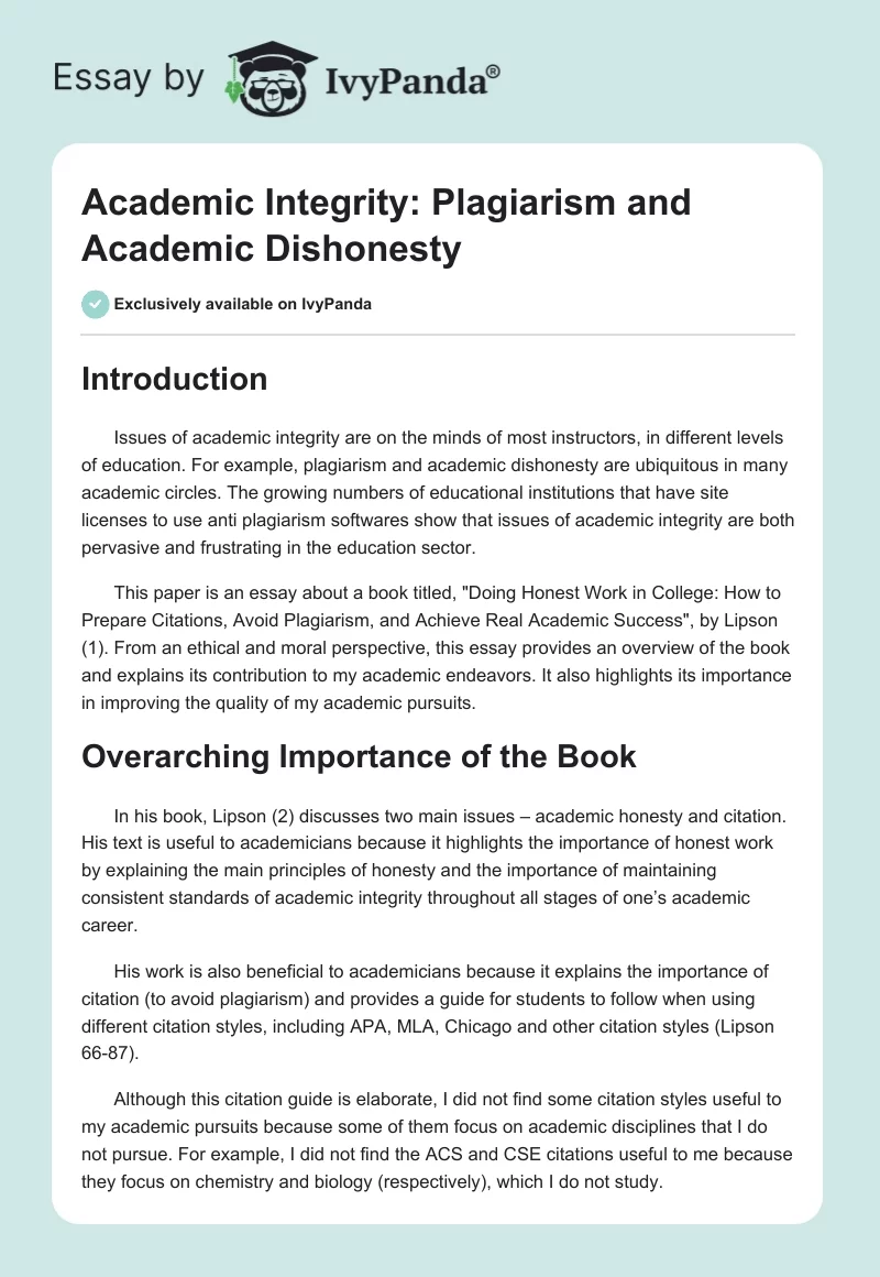 Academic Integrity: Plagiarism and Academic Dishonesty. Page 1
