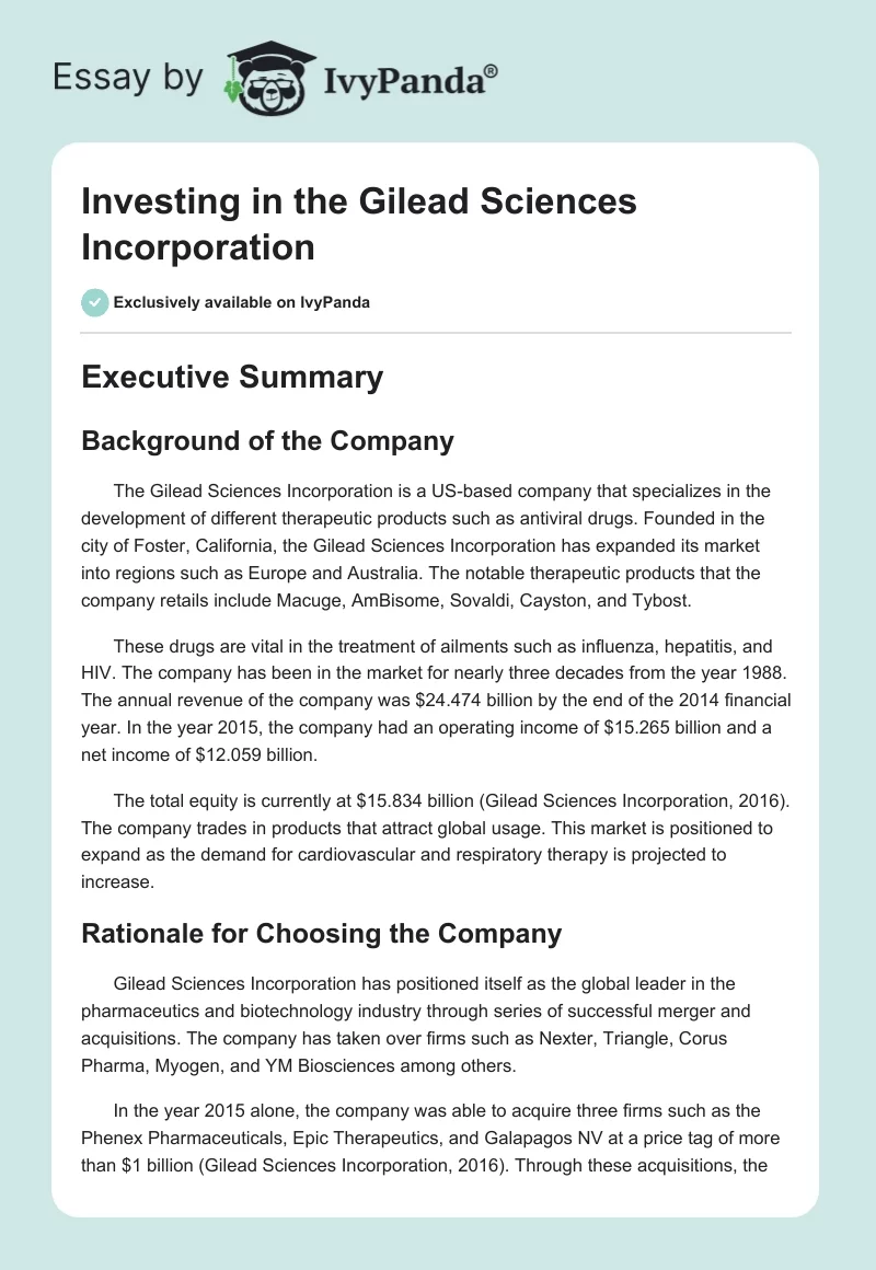 Investing in the Gilead Sciences Incorporation. Page 1