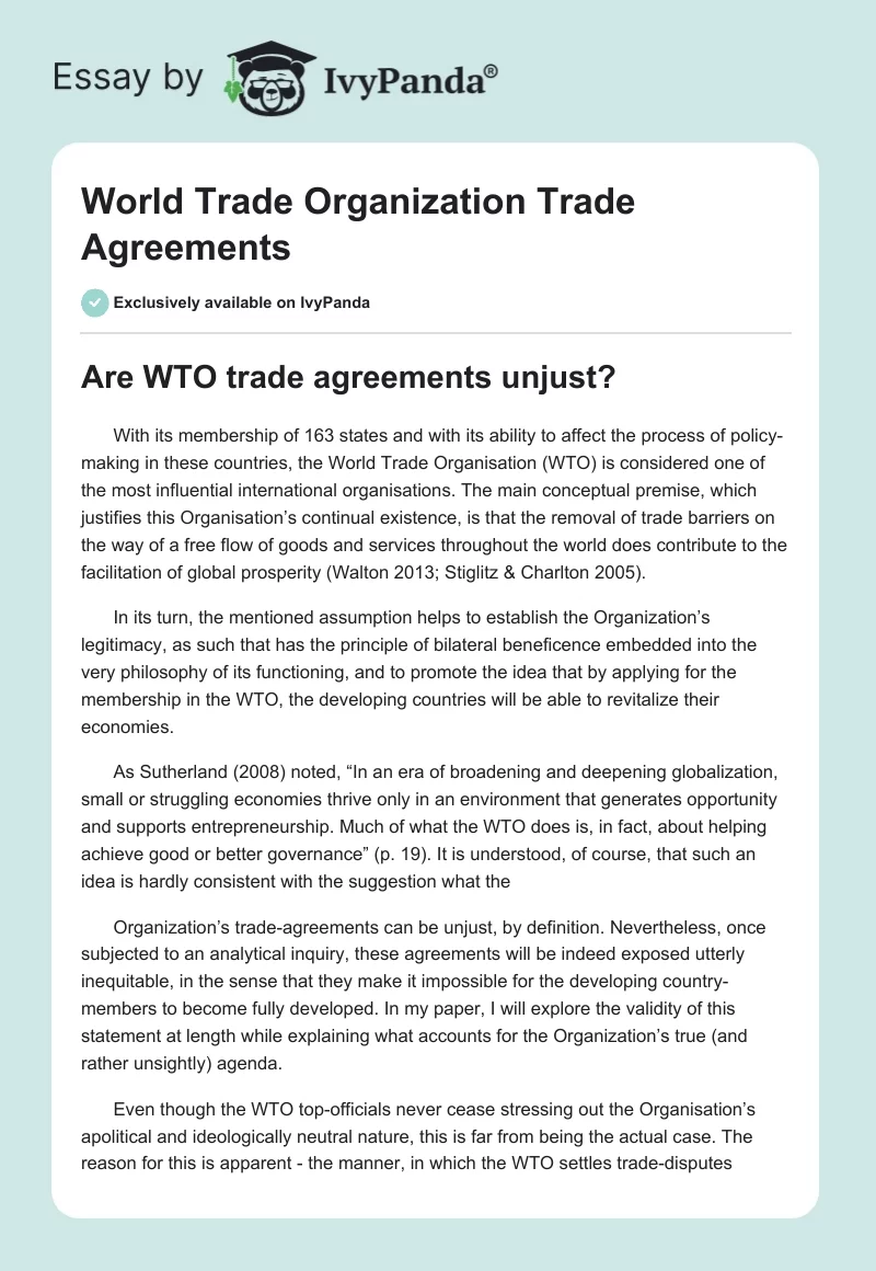 World Trade Organization Trade Agreements. Page 1
