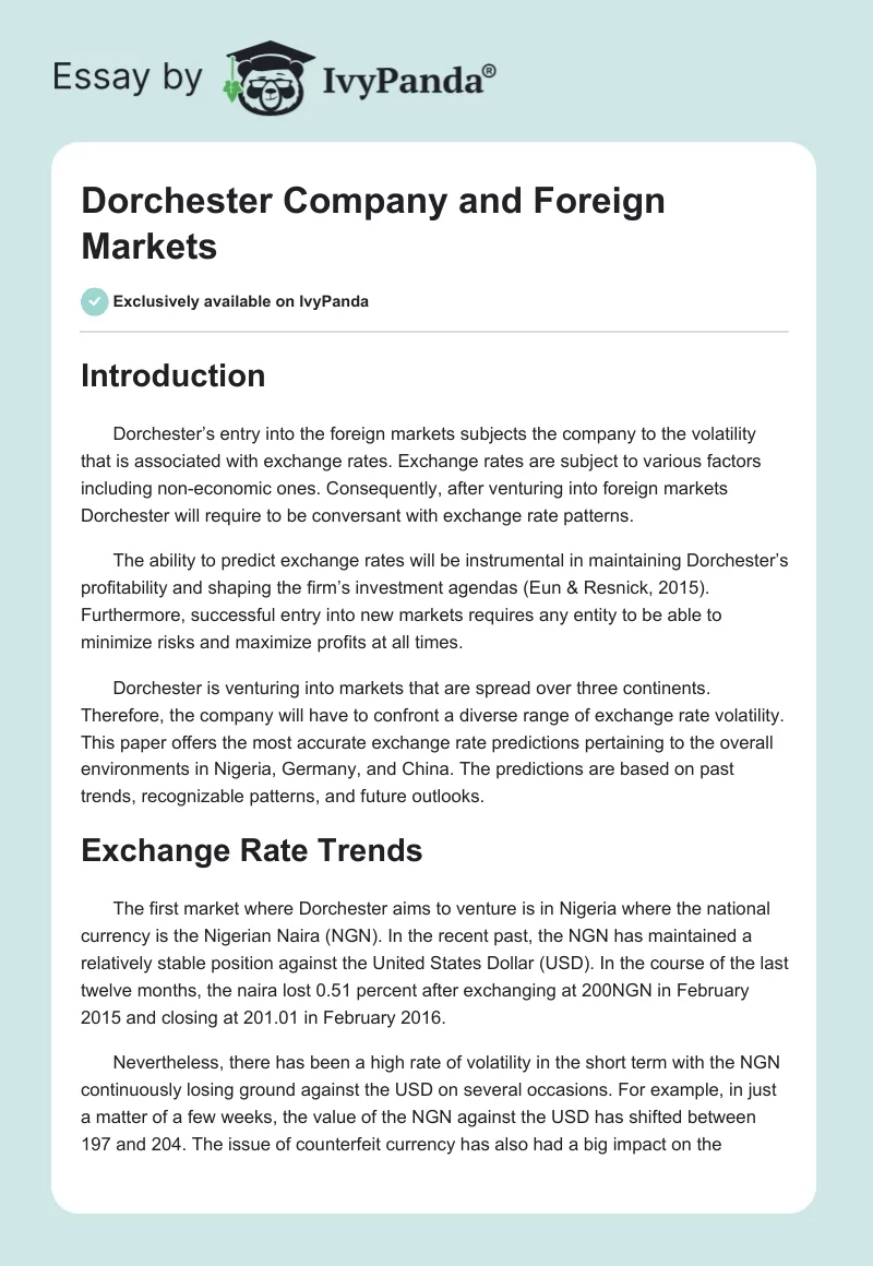 Dorchester Company and Foreign Markets. Page 1