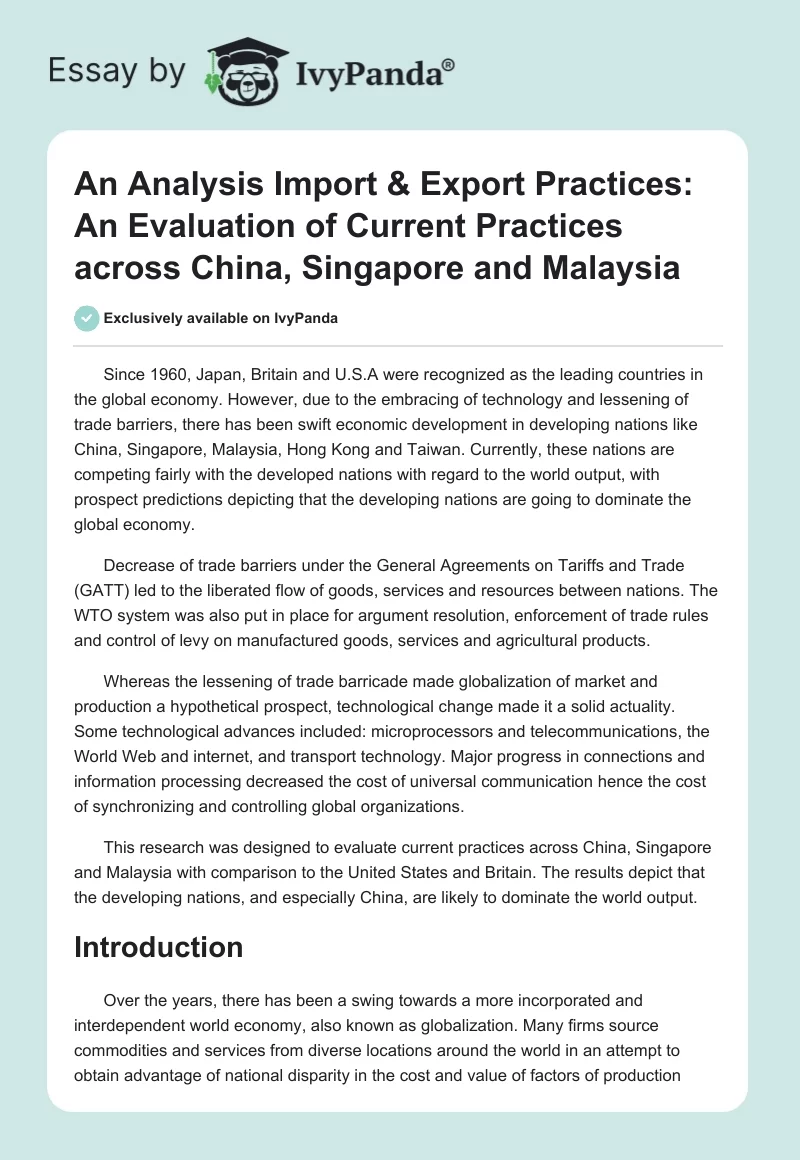An Analysis Import & Export Practices: An Evaluation of Current Practices Across China, Singapore and Malaysia. Page 1