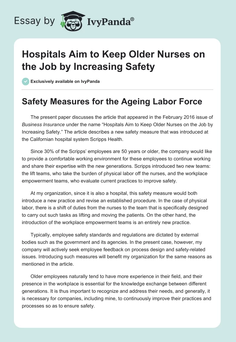 Hospitals Aim to Keep Older Nurses on the Job by Increasing Safety. Page 1