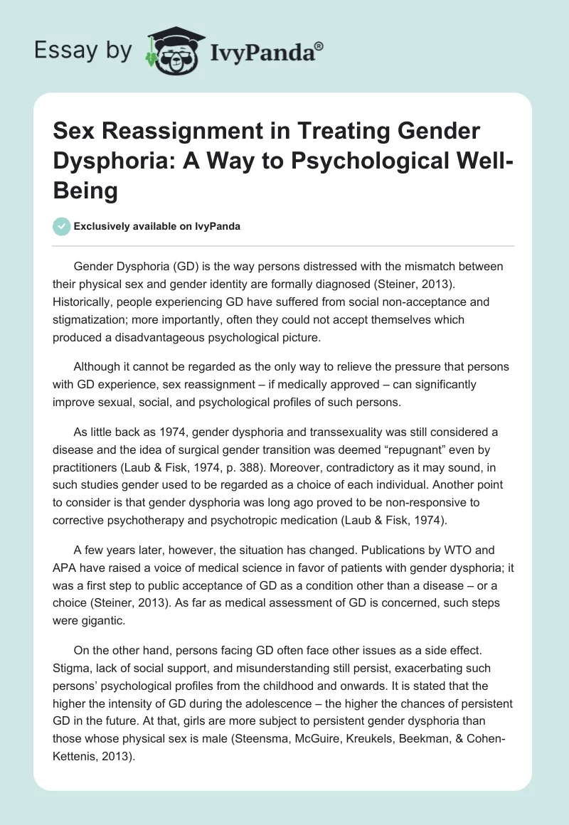 Sex Reassignment in Treating Gender Dysphoria: A Way to Psychological Well-Being. Page 1