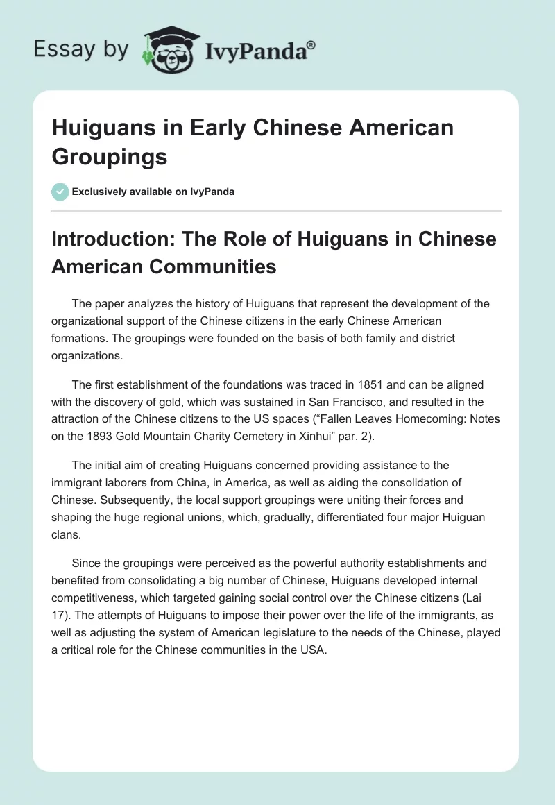 Huiguans in Early Chinese American Groupings. Page 1