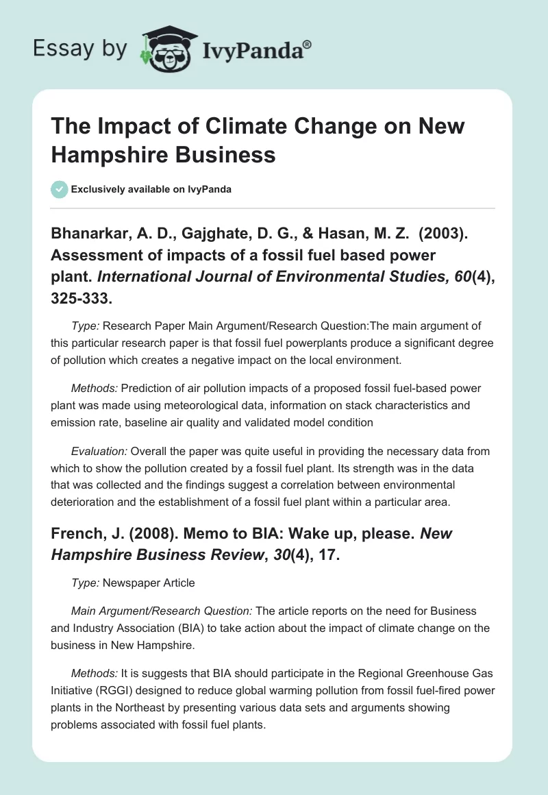 The Impact of Climate Change on New Hampshire Business. Page 1