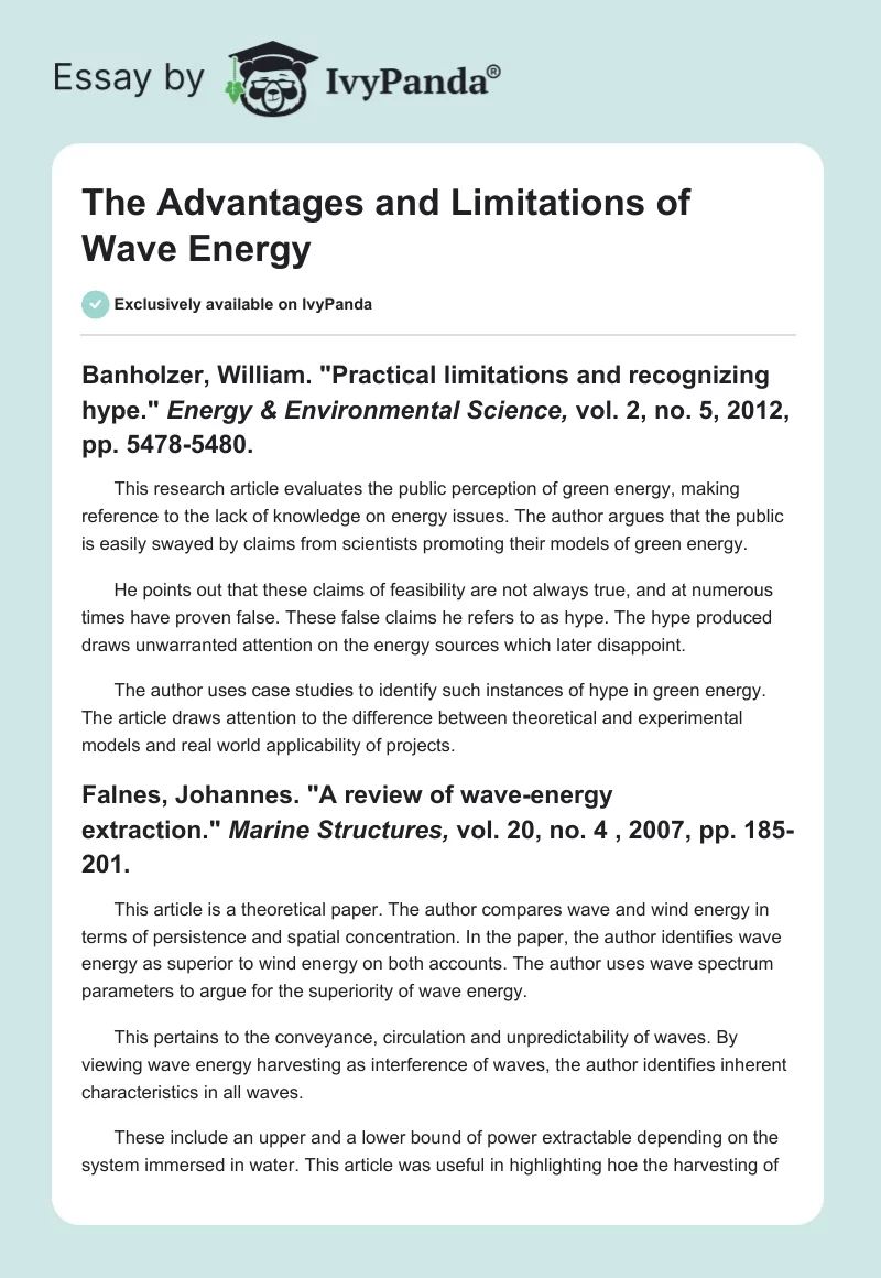 The Advantages and Limitations of Wave Energy. Page 1
