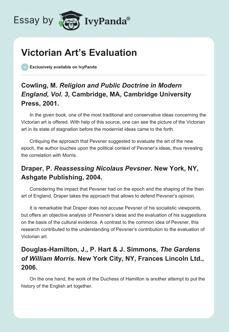 Victorian Art’s Evaluation. Page 1