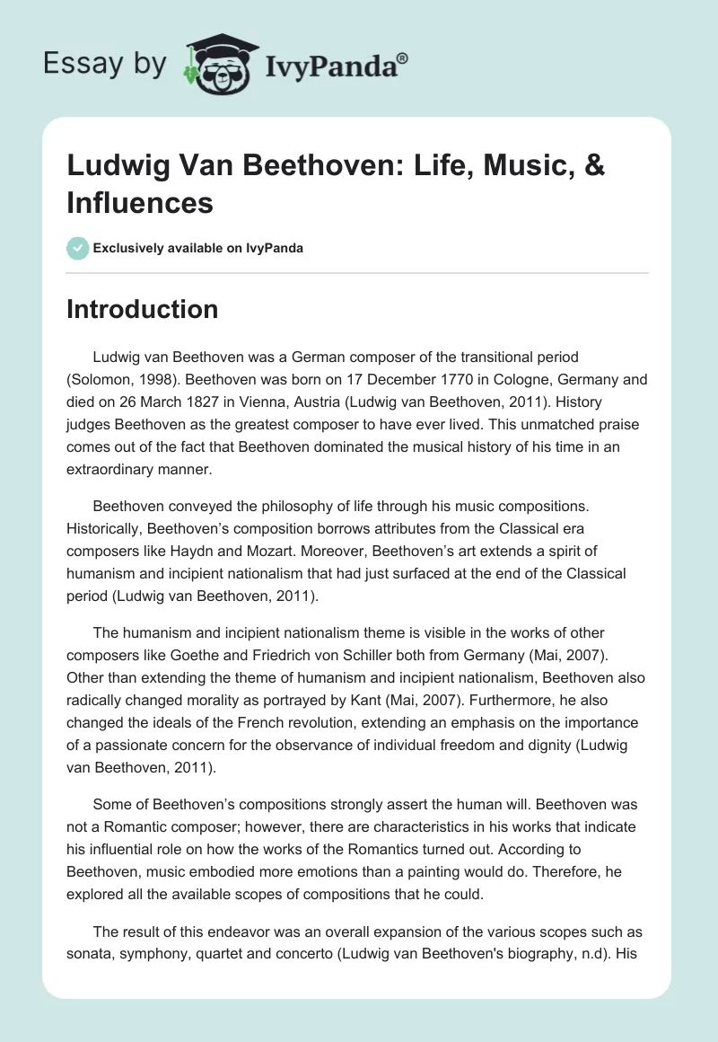 Ludwig Van Beethoven: Life, Music, & Influences. Page 1