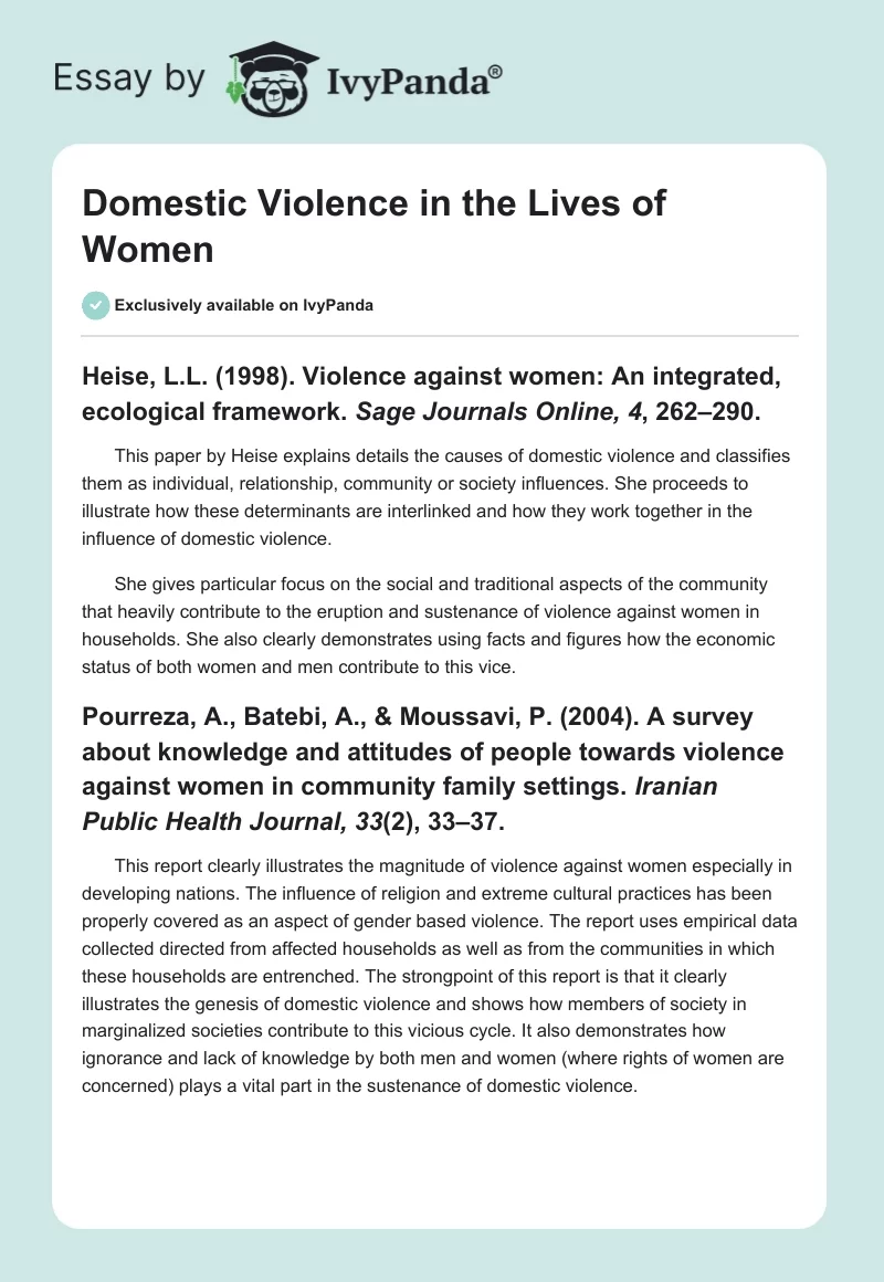 Domestic Violence in the Lives of Women. Page 1