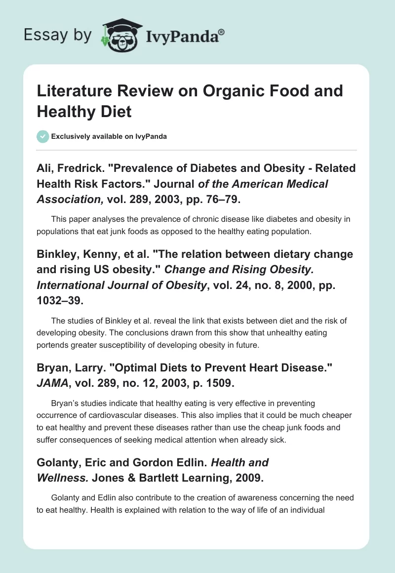 Literature Review on Organic Food and Healthy Diet. Page 1