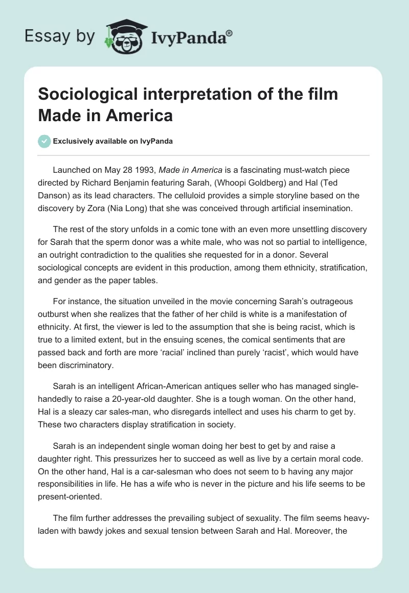 Sociological Interpretation of the Film Made in America. Page 1