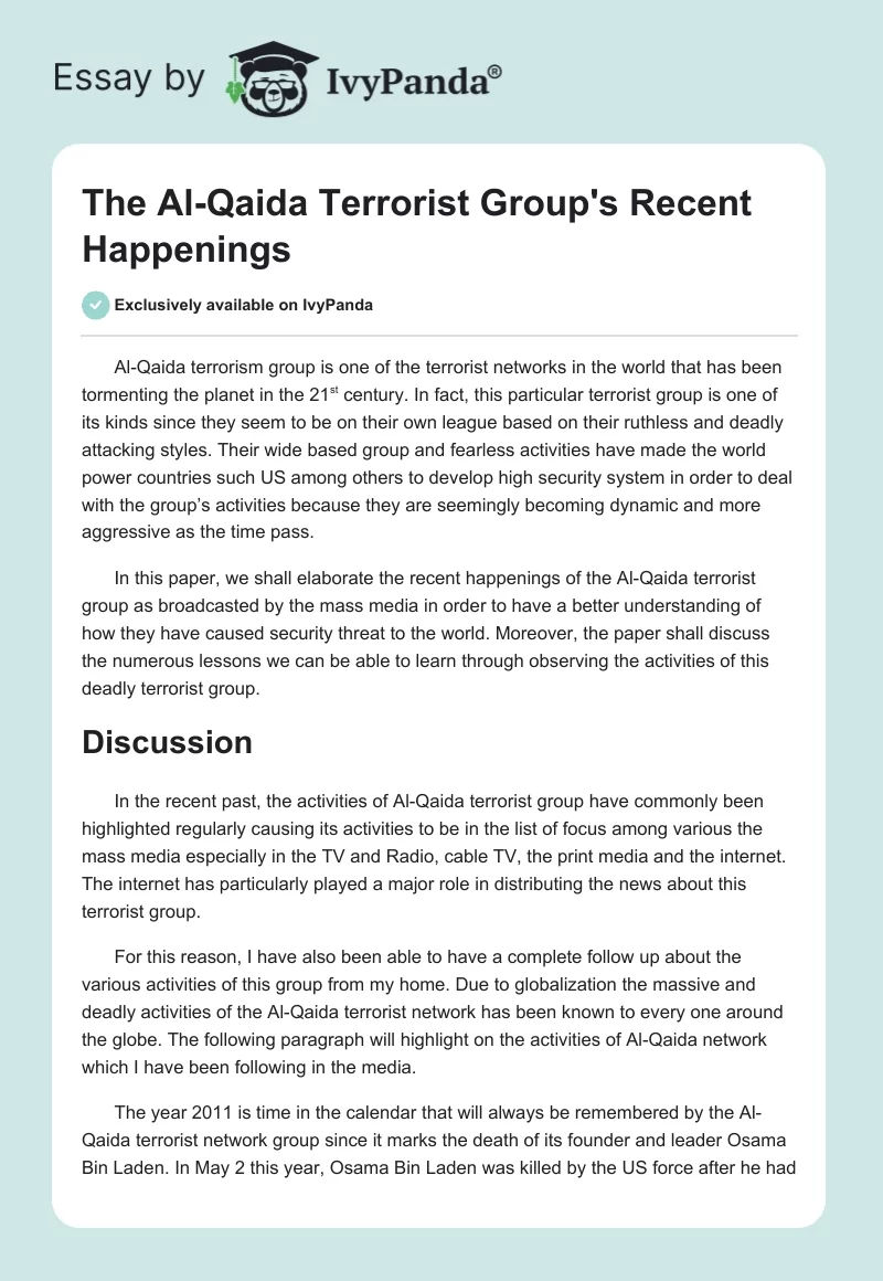 The Al-Qaida Terrorist Group's Recent Happenings. Page 1