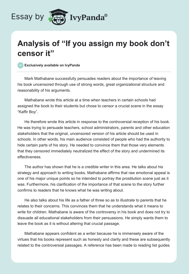 Analysis of “If you assign my book don’t censor it”. Page 1