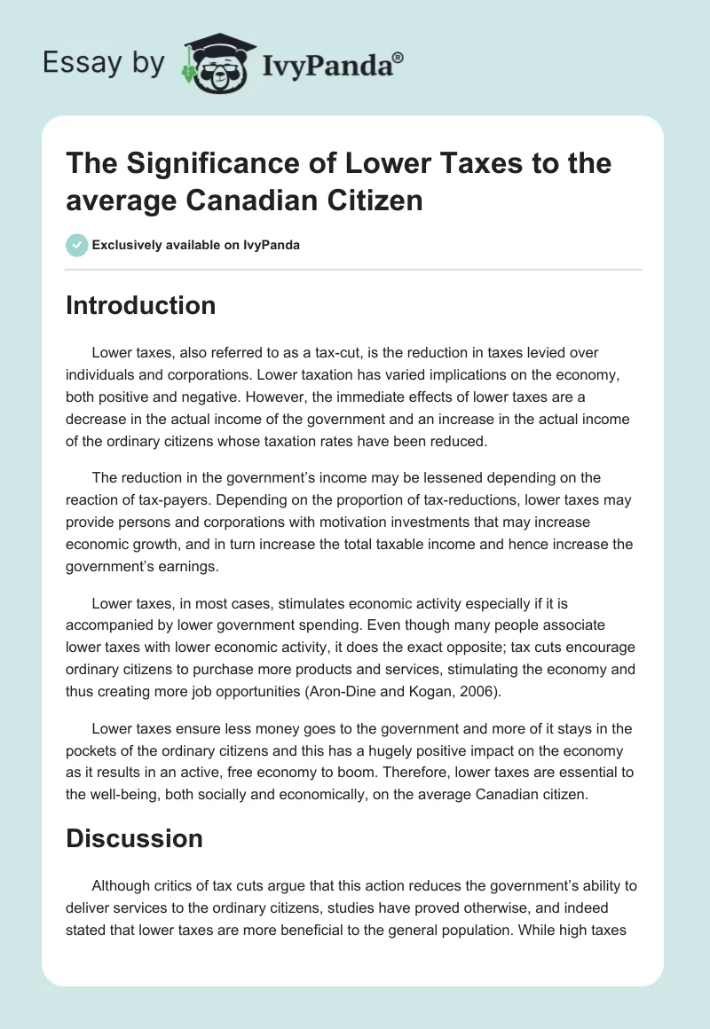 The Significance of Lower Taxes to the average Canadian Citizen. Page 1
