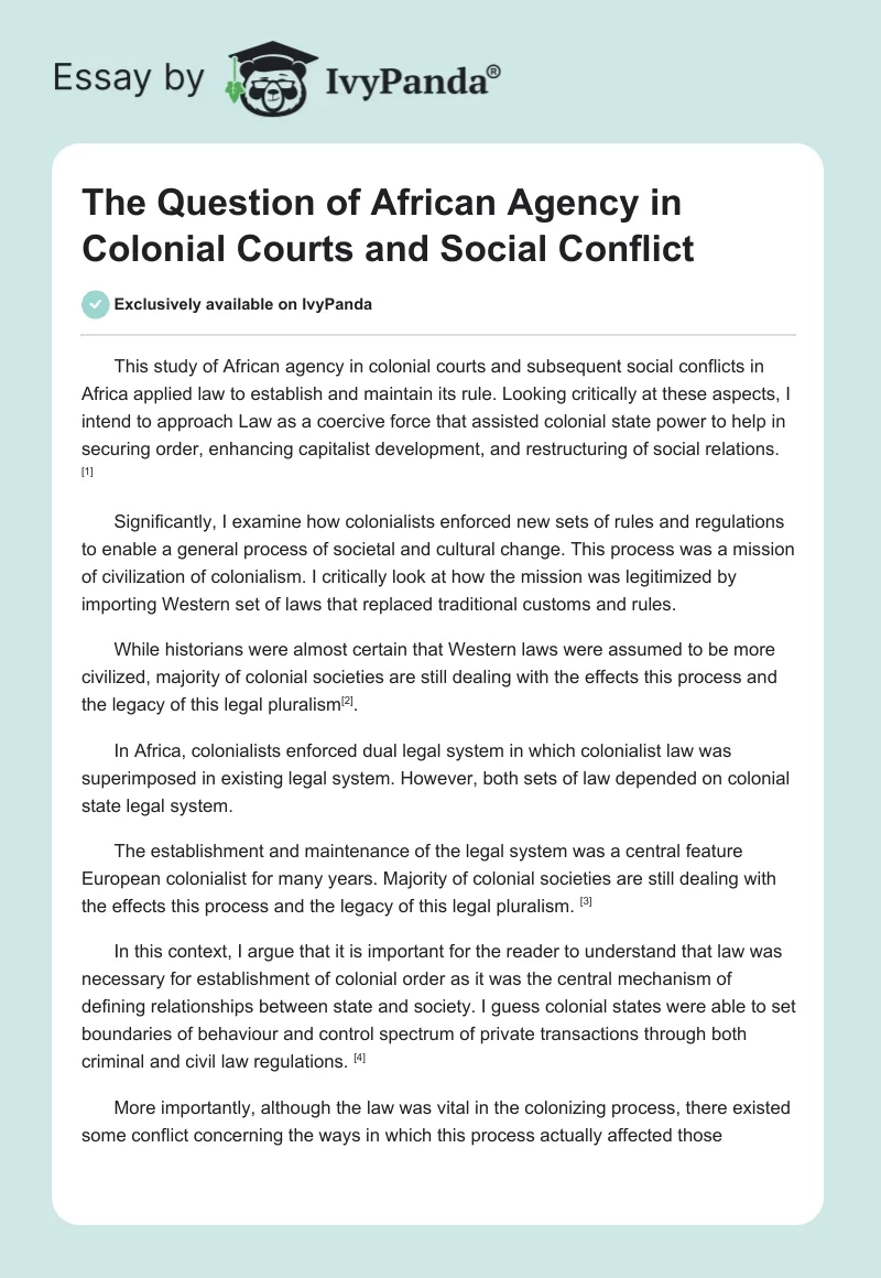 The Question of African Agency in Colonial Courts and Social Conflict. Page 1