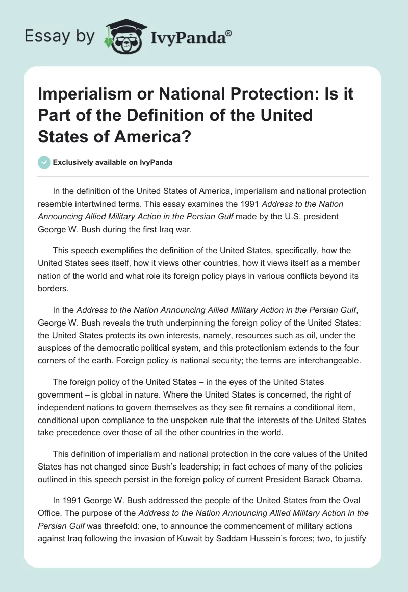 Imperialism or National Protection: Is it Part of the Definition of the United States of America?. Page 1